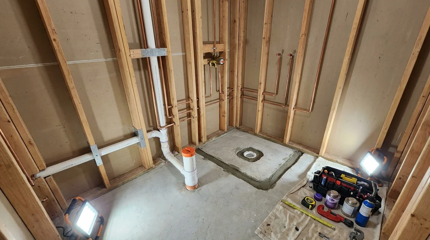 Bathroom rough-in plumbing during remodel by Johns Plumbing LLC in Surry