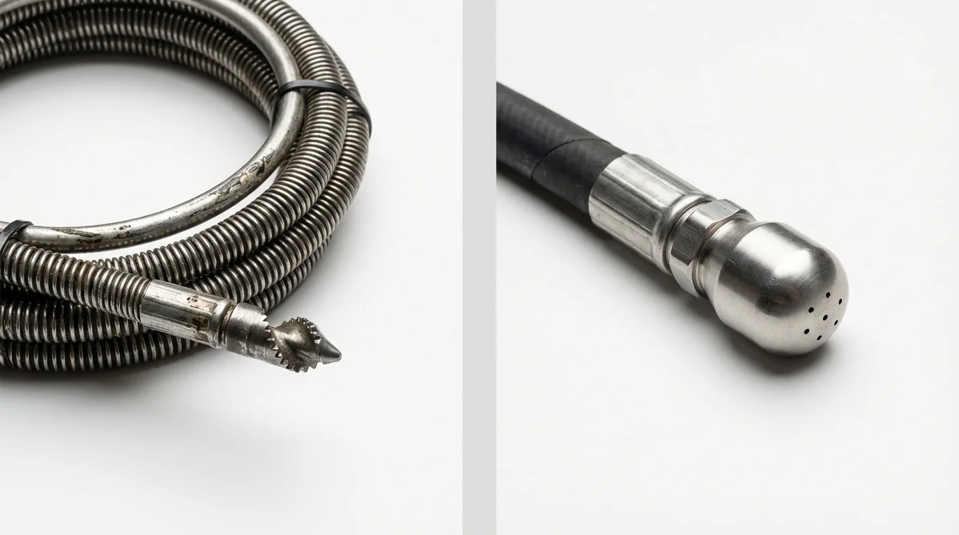 Drain snake cable and hydro jetting nozzle used for drain cleaning in Surry, ME