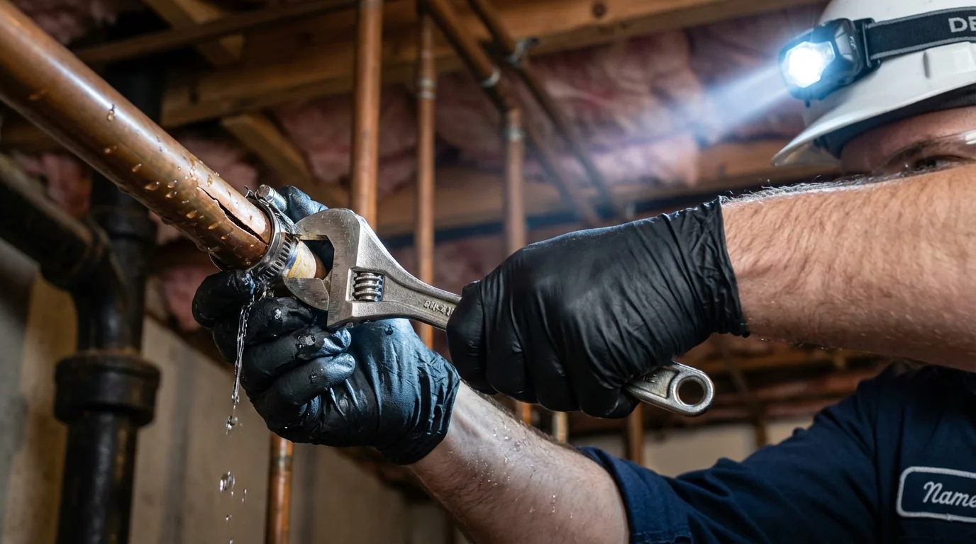 Emergency pipe clamp repair being performed by a Johns Plumbing LLC plumber in Surry