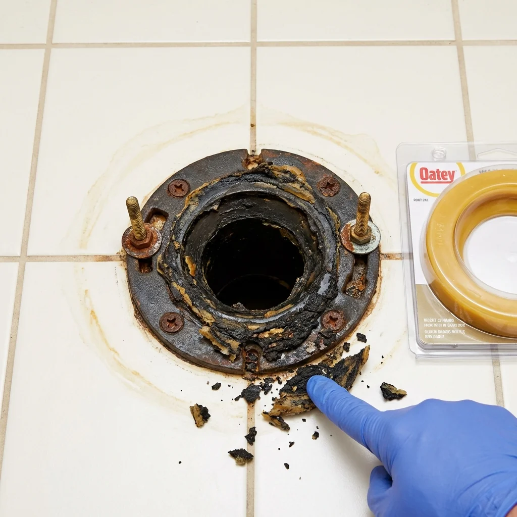 Failed wax ring showing water seepage at the base of a toilet in a Surry, ME home